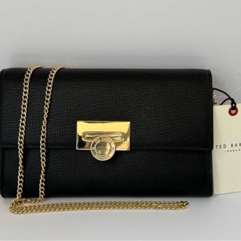 Ted Baker Black Pebbled Leather Chain-Shoulder Crossbody With Gold Hardware